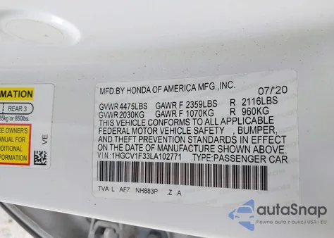 2020 Honda Accord Sport z USA, uszkodzony, nr VIN 1HGCV1F33LA102771